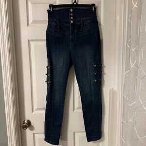 Bebe Annabelle Tuxedo Skinny Blue Jeans Gold Button Accents Size 30 High Rise